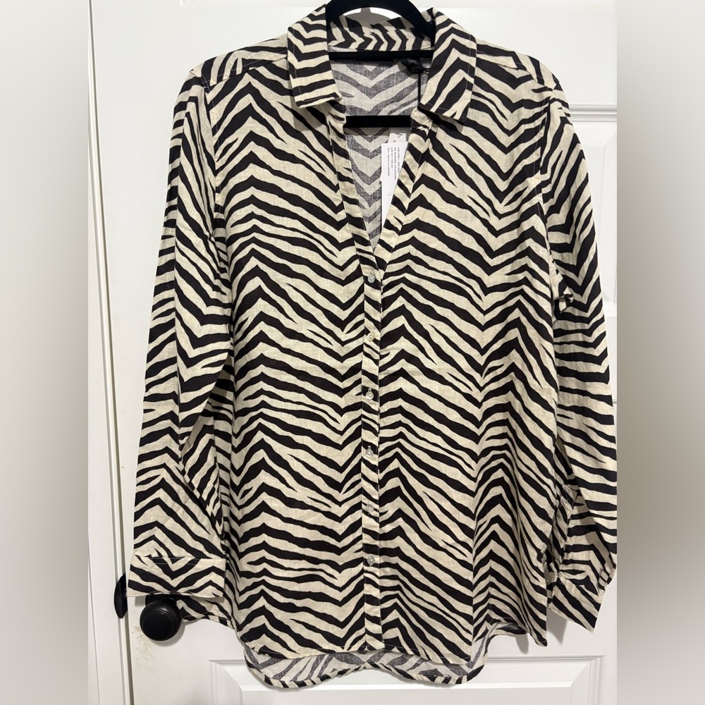 NWT Tahari Linen Zebra Striped Collared Shirt